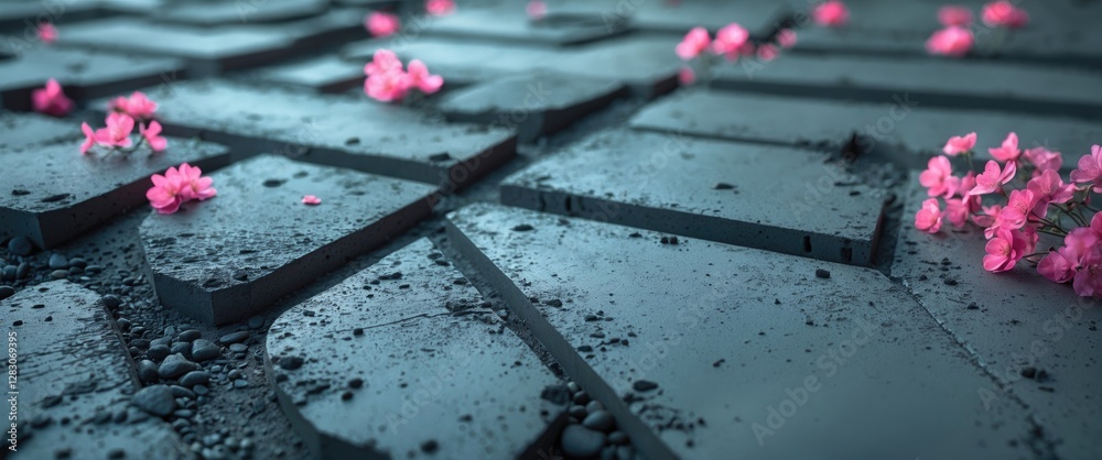 Poster textured grey concrete surface with scattered pink flowers creating a contrast of nature and man-mad