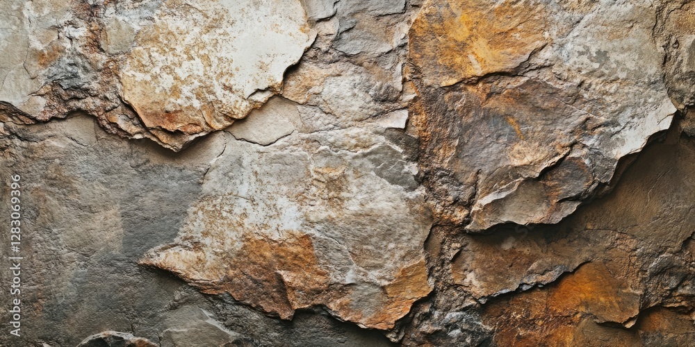 Poster textured slate rock wall featuring earthy tones of brown, gray, and orange, with layered, irregular 