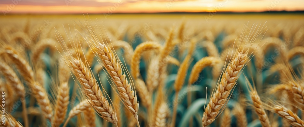 Poster golden wheat ears close up in a lush summer field with dramatic sunset and space for text or brandin