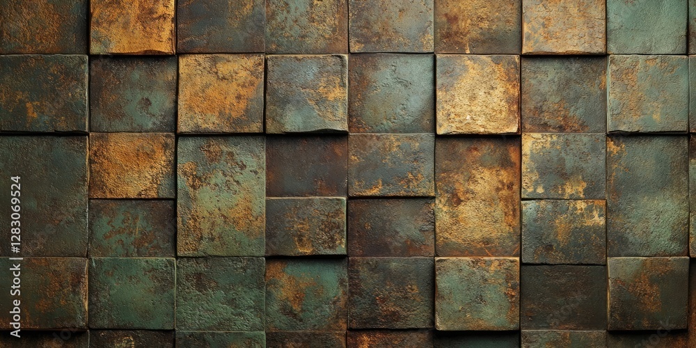 Leinwandbilder rustic wall texture featuring square tiles in earthy tones of deep green and bronze arranged in a gr