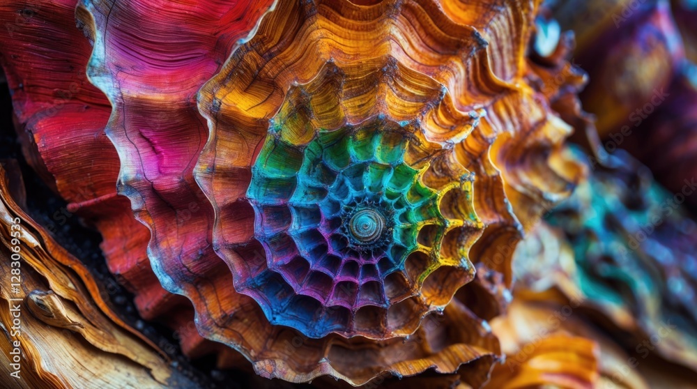 Aufkleber Vibrant color patterns of a wooden shell showcasing intricate spiral design and natural textures in a stunning close-up view.