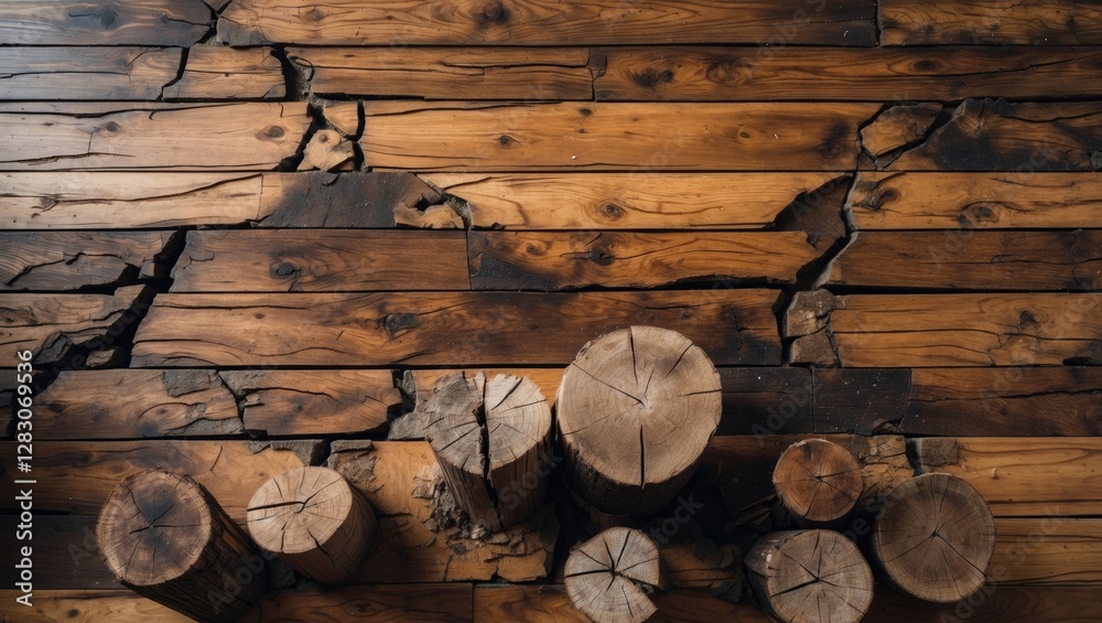 Poster Abstract close-up of cracked wooden floor with stumps, showcasing texture and patterns suitable for advertising and design backgrounds.