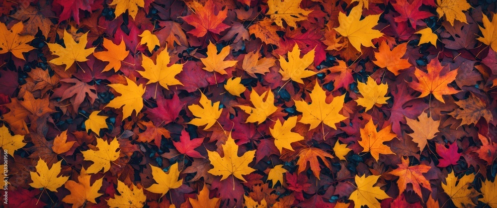 Poster vibrant autumn foliage background featuring a colorful array of fallen leaves in shades of orange, y