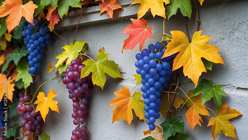 Poster vibrant autumn-foliage grape ivy cascade decorates a rustic wall with colorful leaves and grapes
