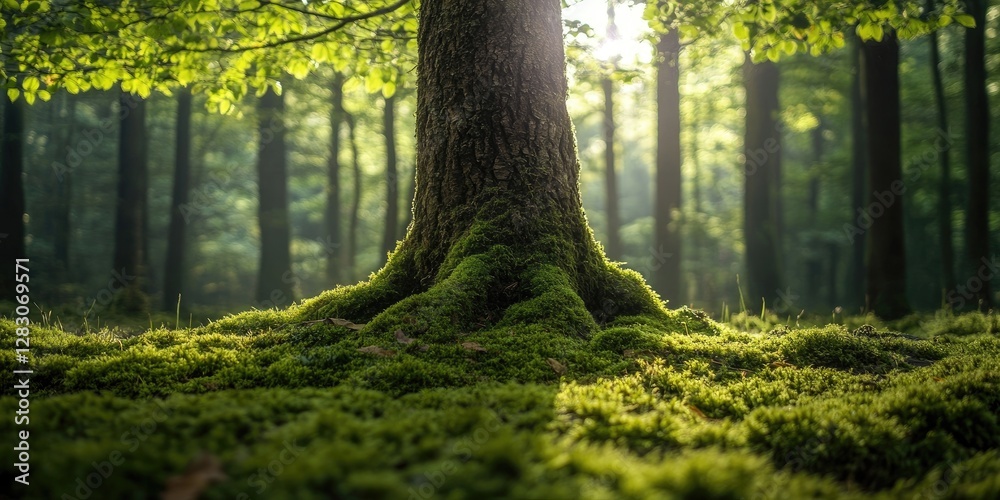 Leinwandbilder moss-covered tree trunk on sunlit forest floor surrounded by lush greenery and soft light creating a