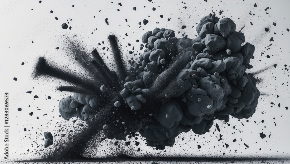 Poster explosive black powder dust particles bursts on white background creating dramatic visual effects in