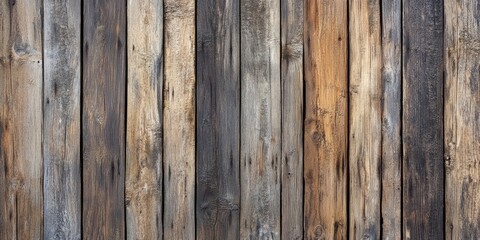 Fototapeta premium Weathered wooden planks in various shades of brown, grey and gold with rustic texture arranged vertically for a natural aesthetic backdrop