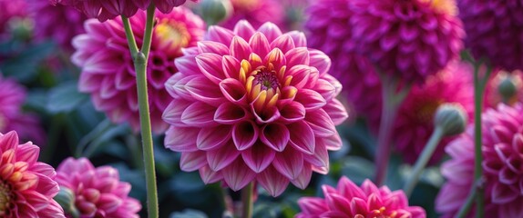 Vibrant pink dahlia flower in full bloom with detailed petals and a lush green backdrop showcasing nature's stunning beauty.
