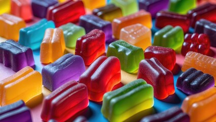 Vibrant assortment of gummy candies in various shapes and colors on a bright background creating a cheerful and fun atmosphere