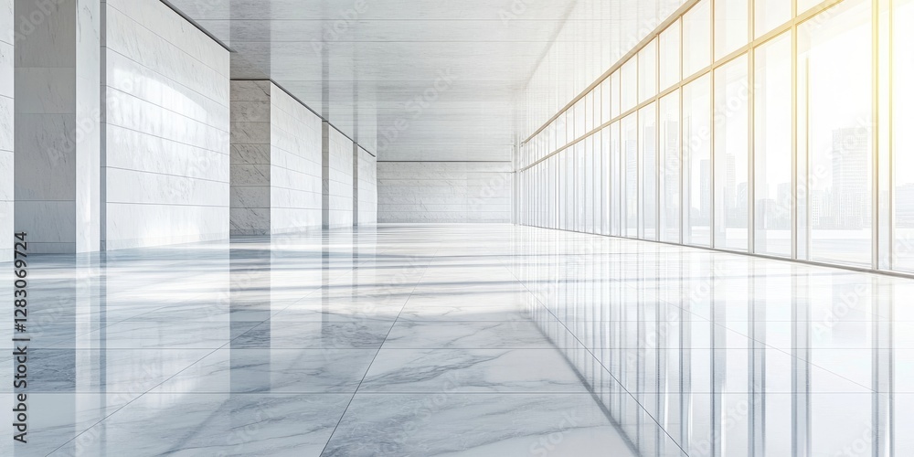 Poster spacious interior of a modern building with empty glossy marble floor reflecting sunlight, large gla