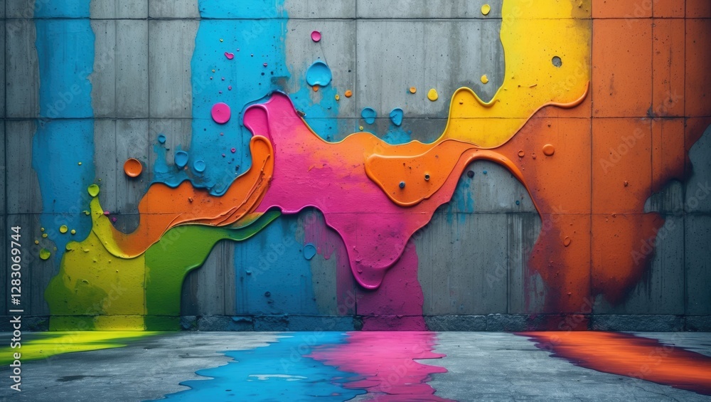 Aufkleber Vibrant color splashes on a textured concrete wall creating a visually striking and artistic background for creative projects