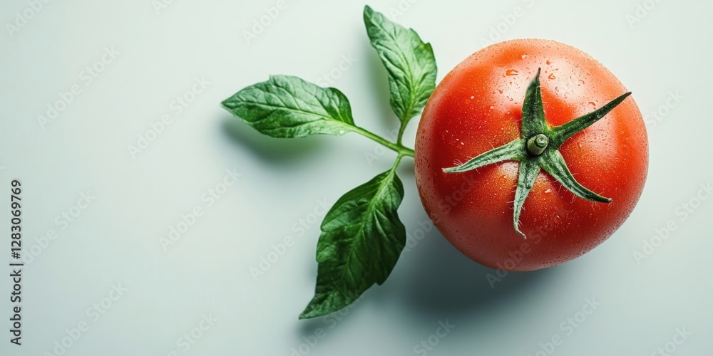 Poster vibrant red tomato with green leaves positioned on the left against a light gray background showcasi