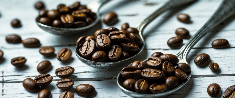 Poster coffee beans arranged in antique silver spoons on a rustic white wooden background creating a vintag