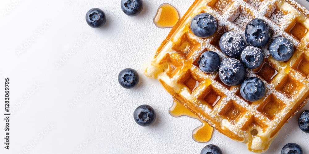 Poster belgian waffle drizzled with maple syrup topped with blueberries and powdered sugar on white backgro