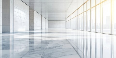 Obraz premium Spacious interior of a modern building with empty glossy marble floor reflecting sunlight, large glass windows on the right side.