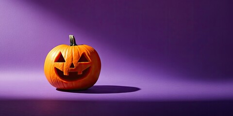 Smiling carved Halloween pumpkin with green stem on right side casting shadow against vibrant purple backdrop in minimalistic flat lay arrangement
