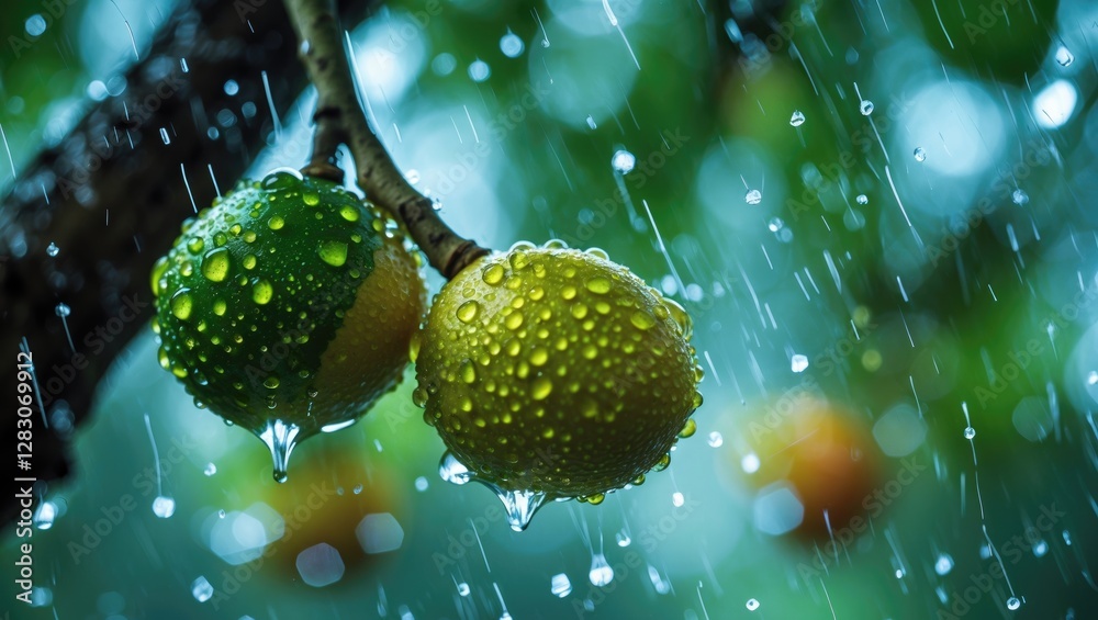Poster close up of water droplets on calamansi fruit with blurred background during rainfall showcasing nat