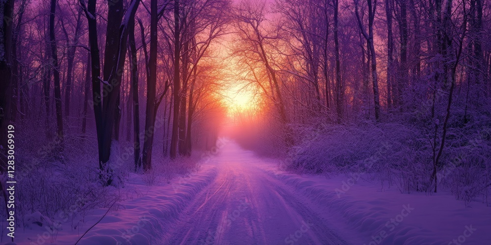 Aufkleber majestic winter sunset with a purple hue illuminating a snowy forest pathway flanked by tall trees c