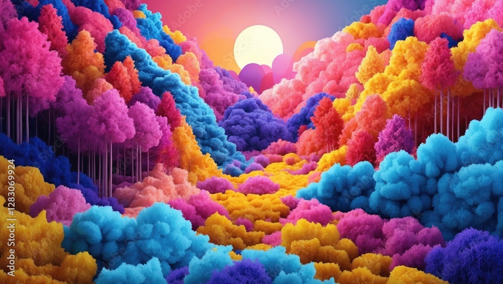 Poster vibrant abstract landscape with colorful trees and dreamy sunset ideal for creative projects and bac
