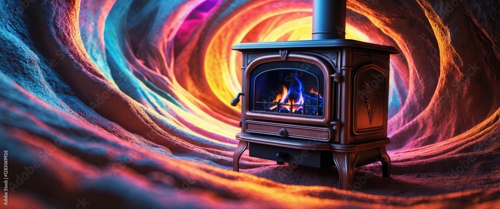 Poster cozy vintage wood stove with flames set against a colorful abstract background creating a warm and i