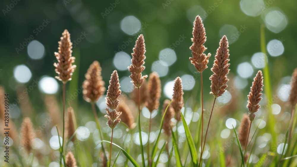 Poster close-up of brown grass flowers with white bokeh on a lush green background creating a serene and vi