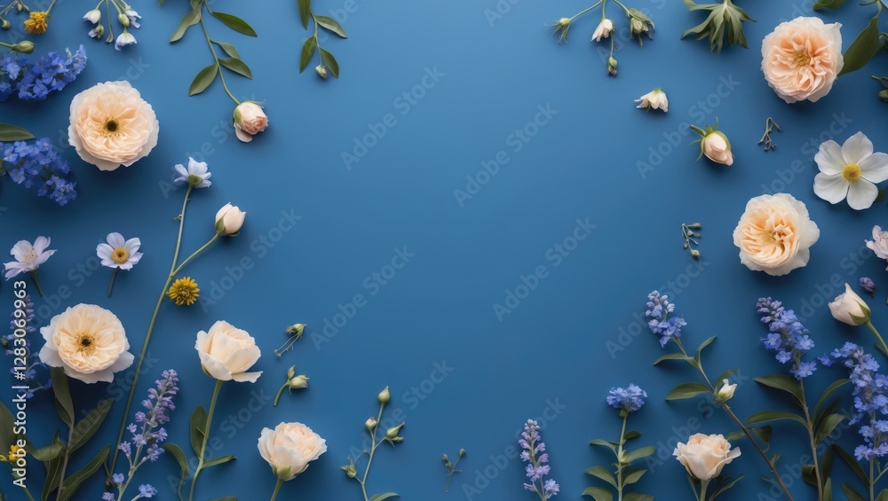 Poster floral arrangement on classic blue backdrop with empty space for text, symbolizing nature's beauty a