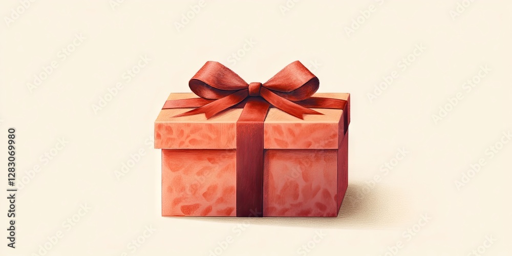 Poster Gift box with a red ribbon on top positioned centrally against a soft cream backdrop showcasing a textured surface and elegant design.