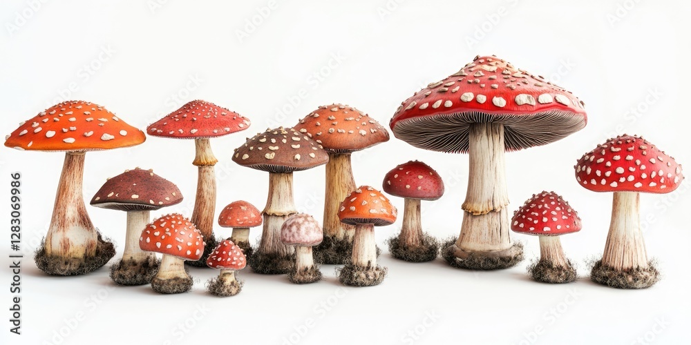 Aufkleber Mushroom assortment featuring vibrant red and orange caps with white spots arranged in a cluster on a plain background showcasing various sizes and shapes.