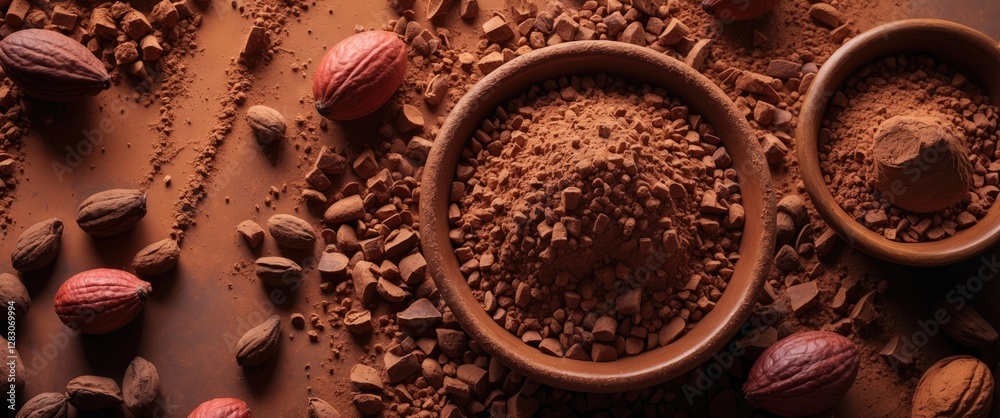 Aufkleber cocoa powder with chocolate beans arranged artistically on a rich brown background creating a warm c