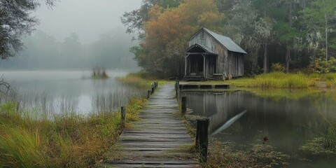 Obraz premium Serene misty lake scene featuring a rustic wooden fishing cabin with autumn foliage, wooden pier leading to tranquil waters, and lush green grasses.