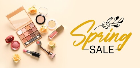 Banner with text SPRING SALE, makeup products and roses