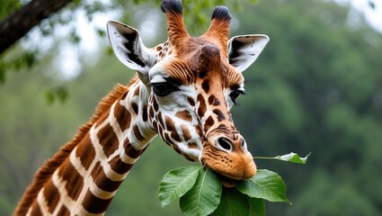 Giraffe munching on fresh green leaves in a lush environment showcasing its unique spotted coat and gentle nature