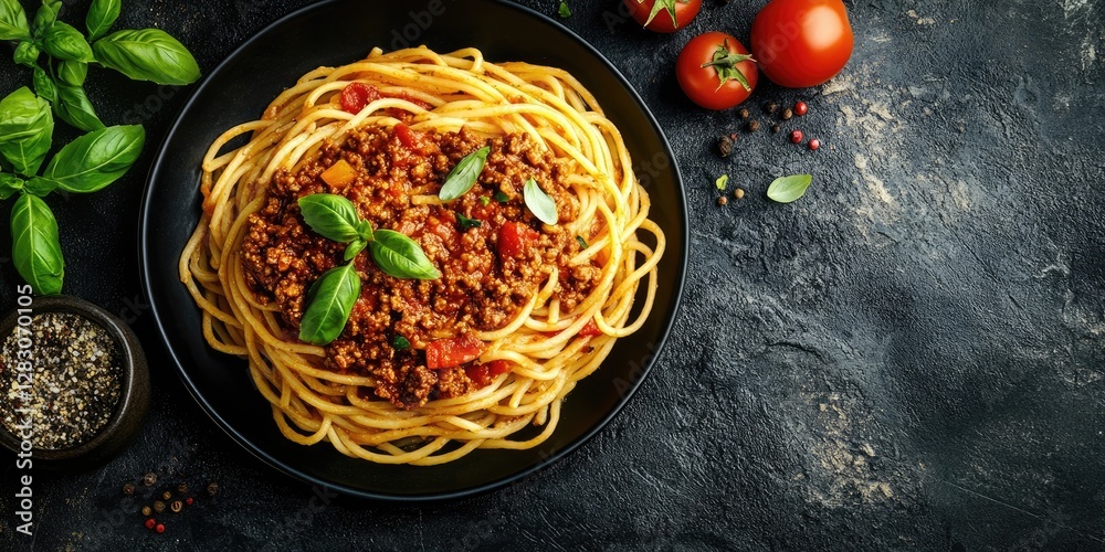 Poster spaghetti with bolognese sauce topped with fresh basil served on a black plate with cherry tomatoes 