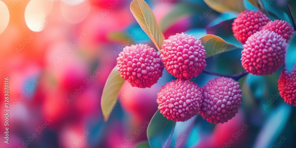 Poster Vibrant pink lychee fruit clusters against a colorful blurred background with soft bokeh highlighting their unique texture and freshness.