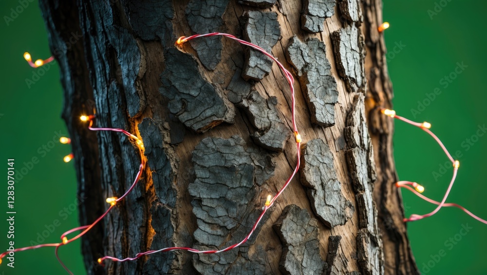 Poster Close up of textured tree bark illuminated by warm LED string lights against a blurred green background creating a cozy outdoor ambiance.