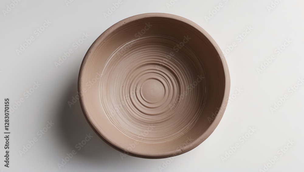 Poster empty round clay bowl viewed from above on a white background showcasing smooth, textured interior p