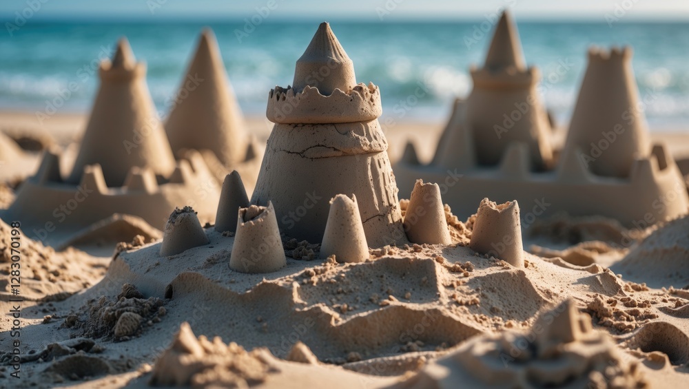 Aufkleber intricate sandcastles built on beach sand with gentle waves in background under bright sunlight