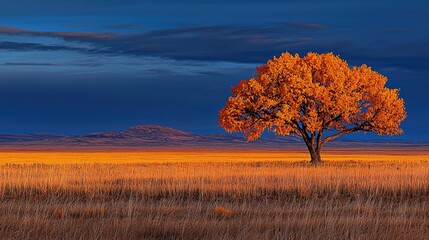 Fototapeta premium Autumnal Tree in Plains Landscape at Dusk