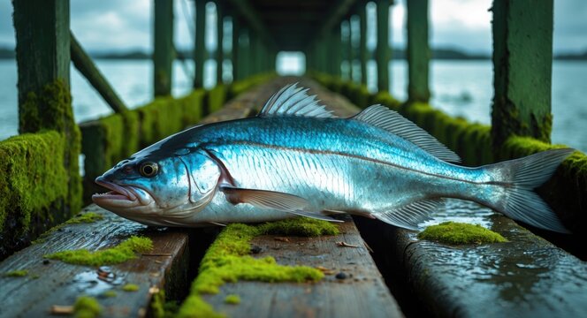 Silver sabrefish on a moss-covered wooden pier near water showcasing tranquil nature and aquatic life in a serene environment.