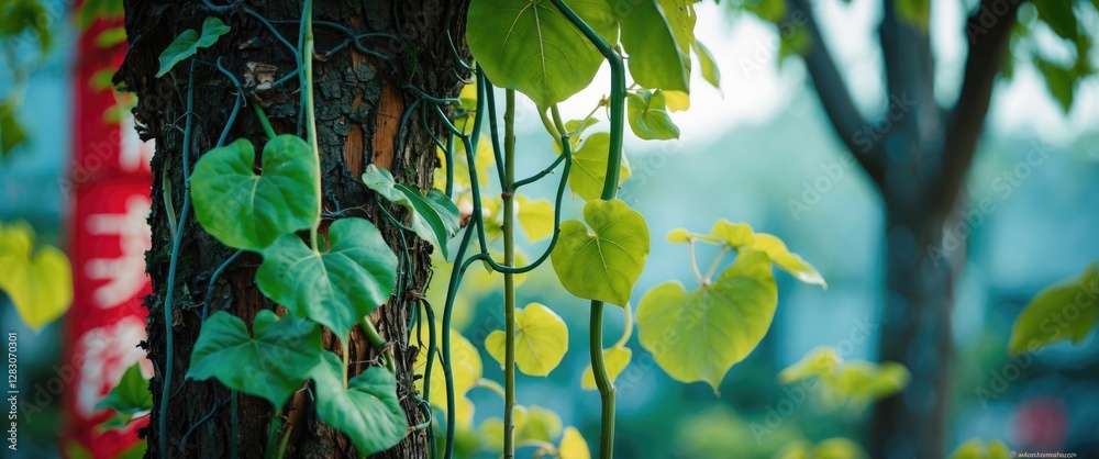 Aufkleber Close-up of vibrant green vines climbing a textured tree trunk with a softly blurred background in Keelung City Taiwan.