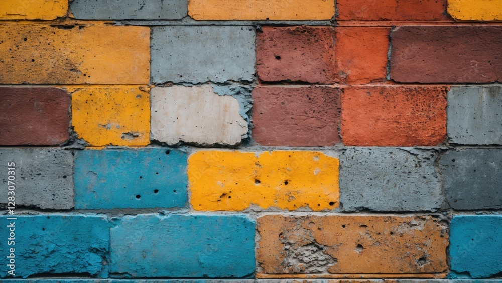 Poster colorful concrete brick wall texture with weathered and chipped paint patterns for artistic and desi