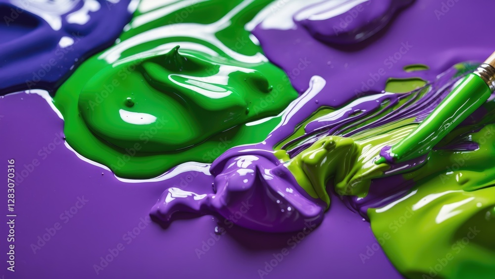 Poster vibrant closeup of oil paints in green and purple mixing on palette with brush creating colorful abs