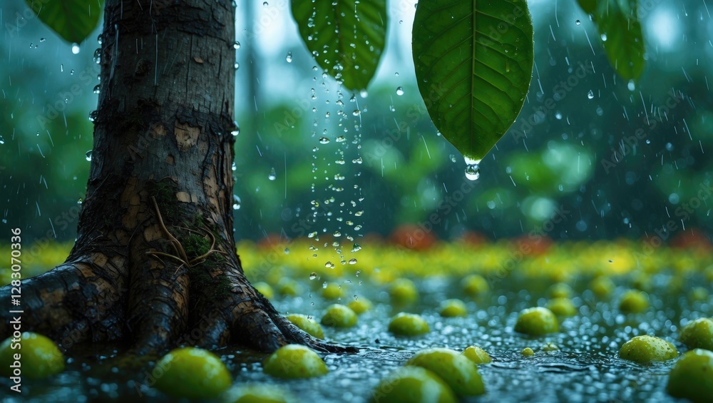 Aufkleber Close up of vibrant calamansi tree with rain droplets on leaves and fruits creating a beautiful bokeh effect in a lush garden setting