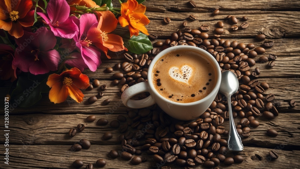 Aufkleber coffee cup with heart design surrounded by coffee beans and vibrant flowers on rustic wooden backgro