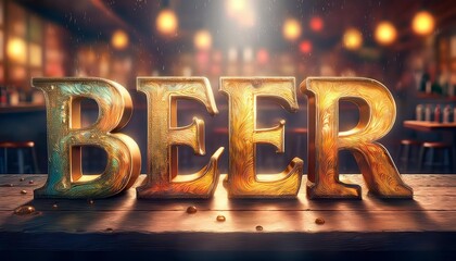 Creative display of colorful beer letters in a lively bar setting during the evening