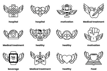 Set of illustrations in the concept of medical equipment with wings in line art style