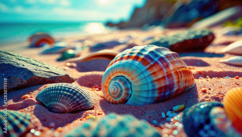 Poster close up of colorful seashells and smooth rocks scattered on sandy beach with vibrant ocean in the b