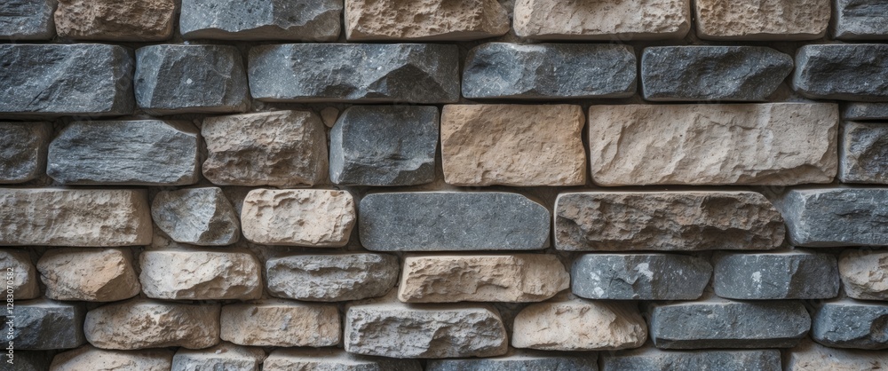 Poster textured close up of rustic stone wall featuring light and dark colored stones for architectural and