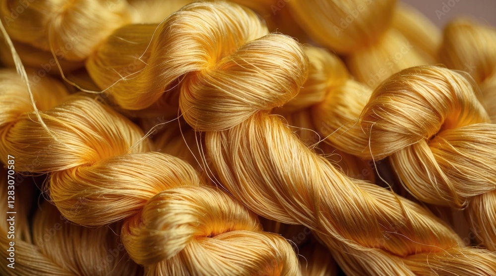 Poster close up view of lustrous raw golden silk thread showcasing its natural sheen and texture, ideal for