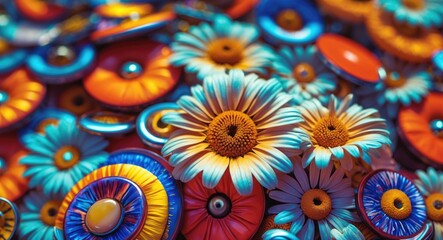 Vibrant arrangement of colorful coat buttons and Mexican daisies in bright sunlight showcasing unique textures and vivid colors.